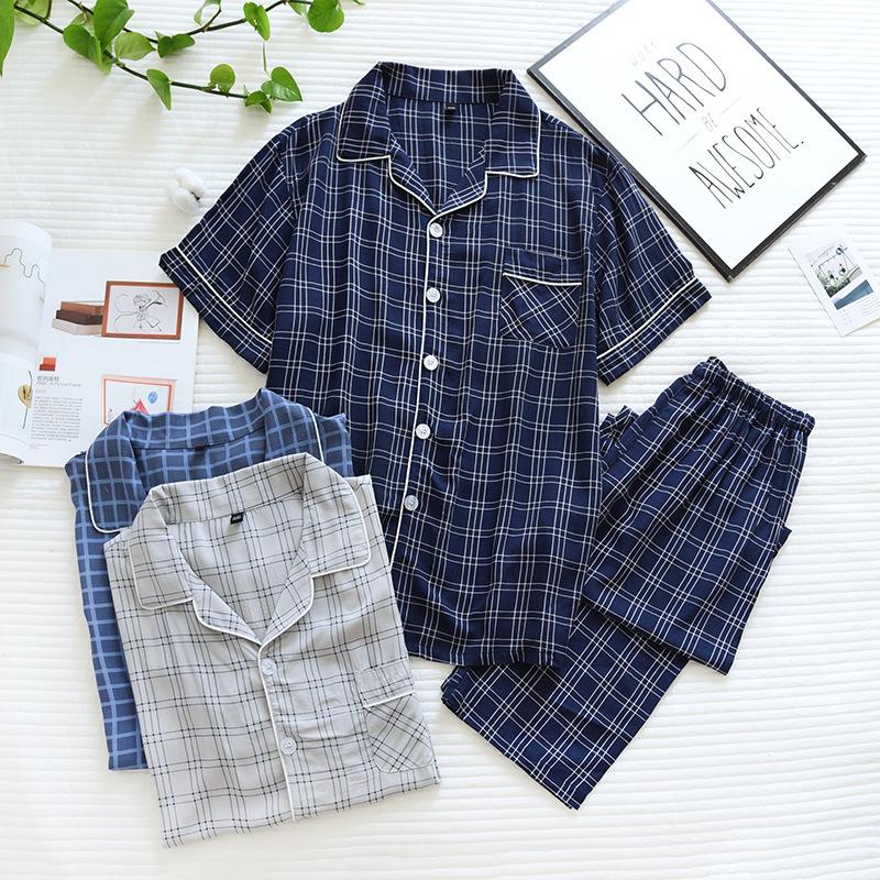 Updated Mens Short-sleeved Trousers Pajamas Two-piece 100 Viscose Spring and Summer Thin Plaid Large Size Home Service Cover