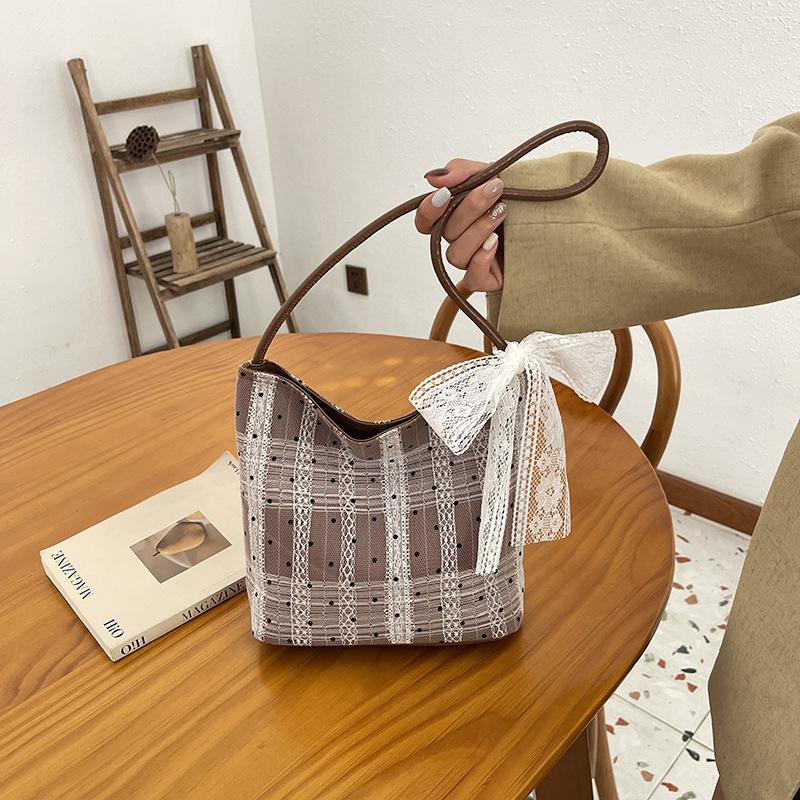 

Women s bag bucket bag niche underarm bag women s new handbag lace shoulder bag коричневый