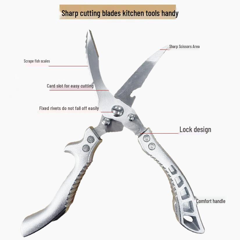 Stainless Steel Multi-Functional Kitchen Shears for Chicken & Fish Bones with Sharp Blades and an Aluminum Handle