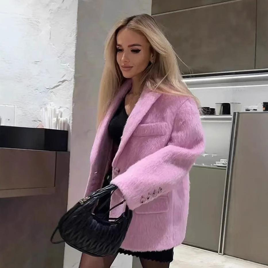 2024 Rose Pink Long-Haired Suit Jacket: European American Women's Street Fashion