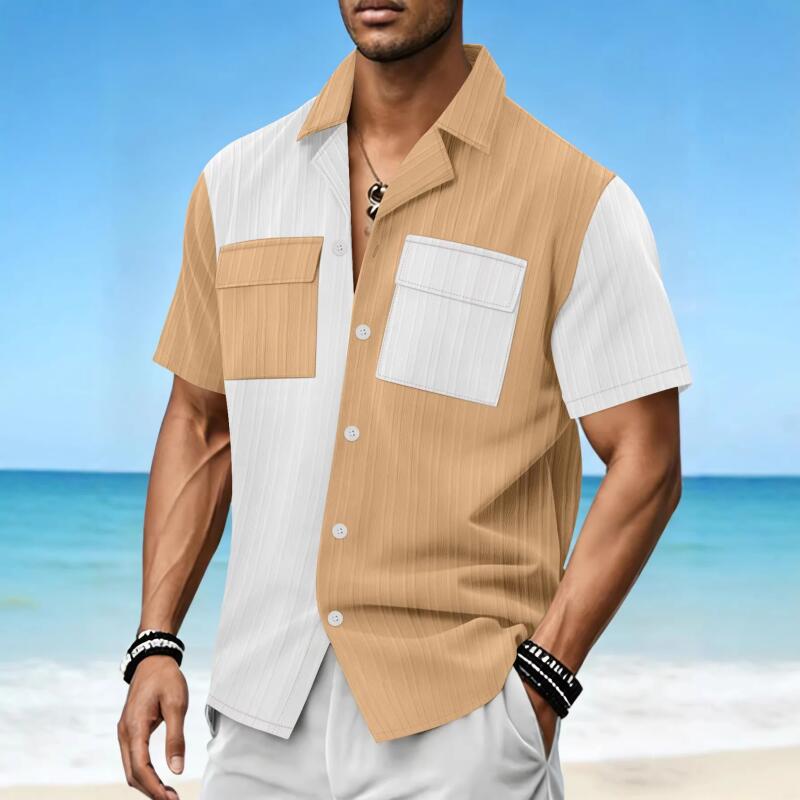 Men's Casual Color Block Short Sleeve Shirt Lapel Collar Button Up with Pockets Summer Beach Holiday Blouse Tops