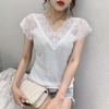 V Neck Elegant Glitter Sequin Women Blouse 2023 Summer Sexy Lace Gauze Patchwork Tops Short Sleeve Slim Black T-shirt 14652