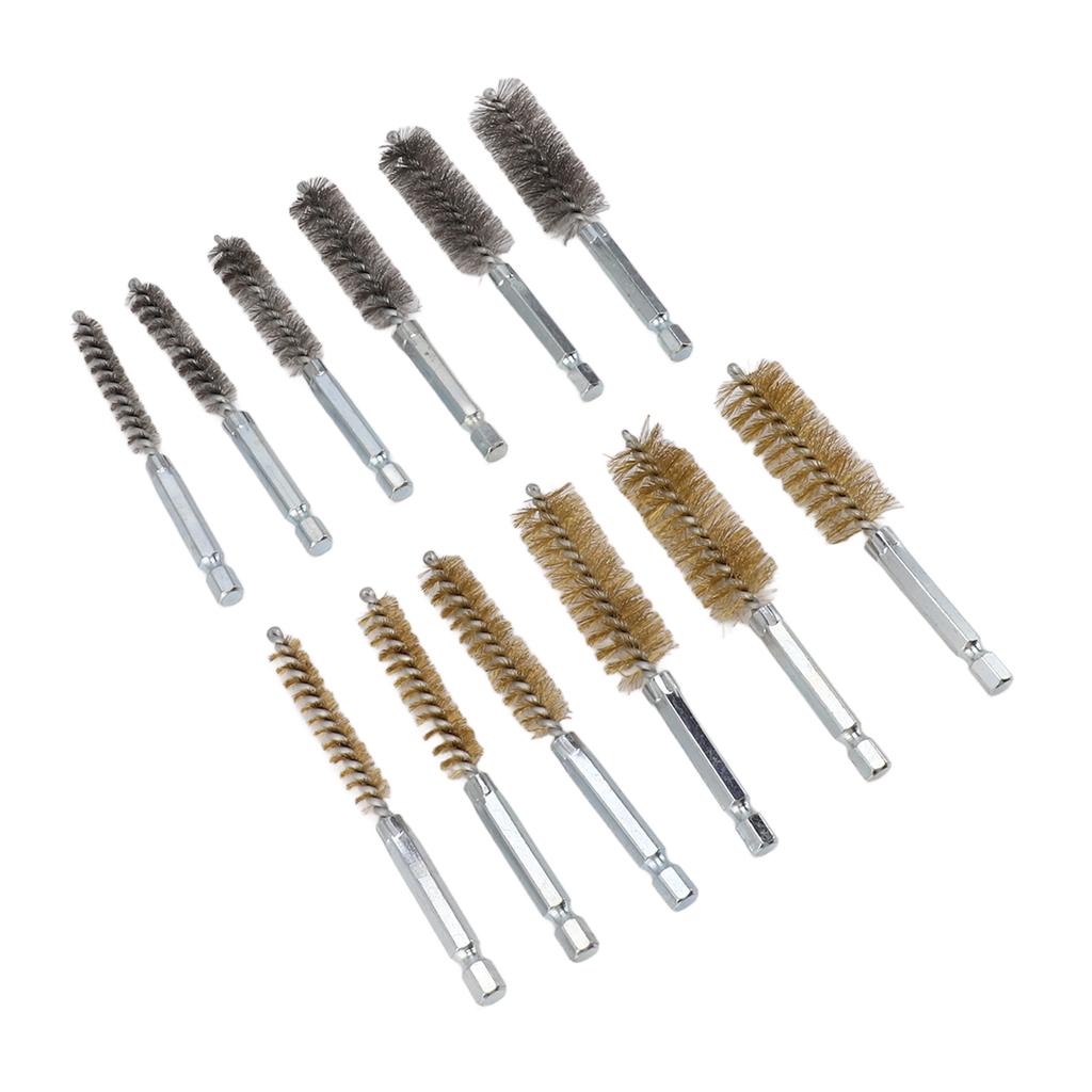 12PCS Bore Brush Copper and Iron 304 Stainless Steel Bristles Wire Brush for Power Drill with Hex