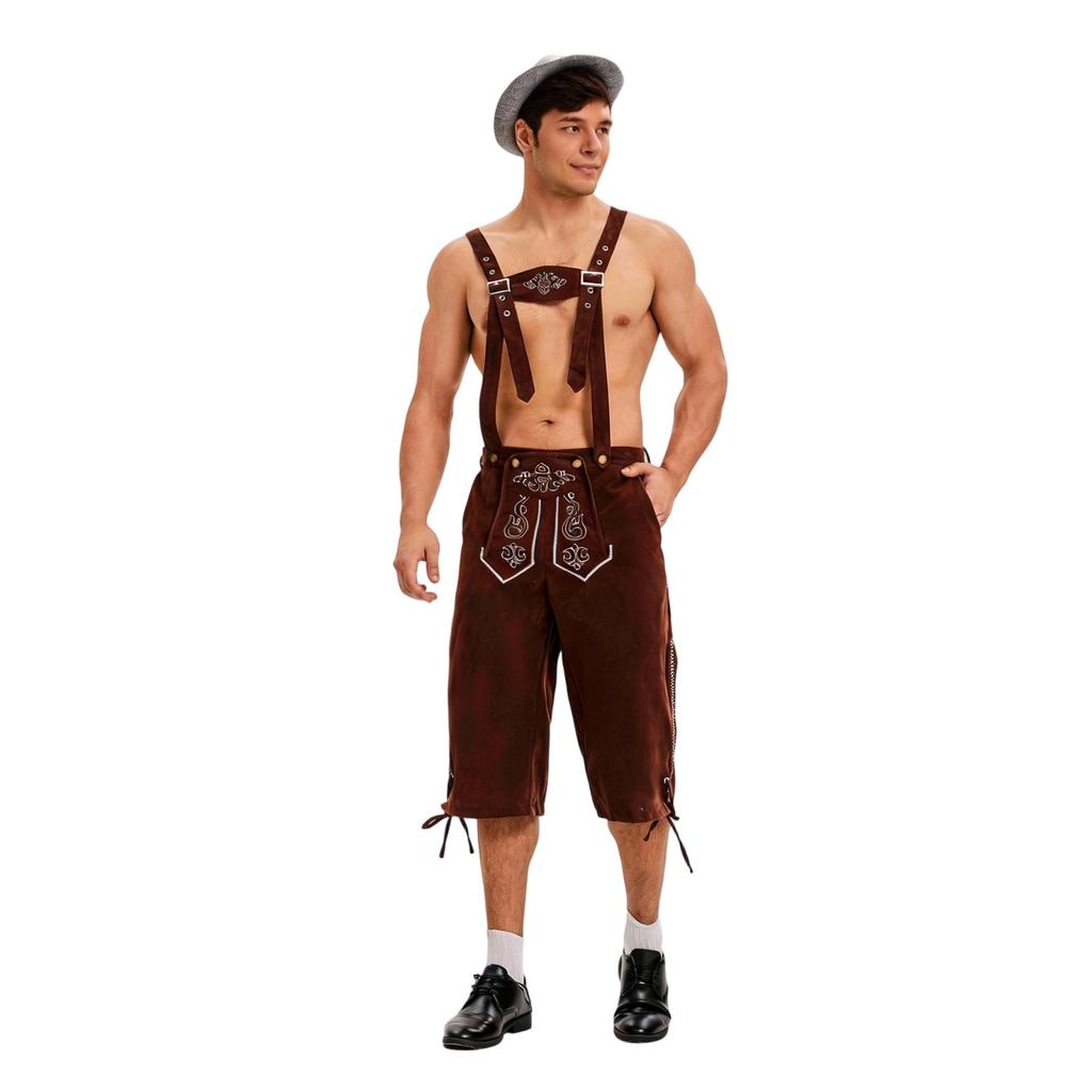Traditional Bavarian Embroidered Men Suspenders Lederhosen Festival Costume Vintage Style Knee-Length Pants Party Outfit