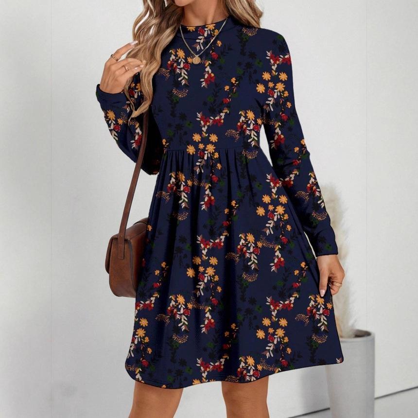 Autumn and winter new casual fashion floral printing long-sleeved stand-up collar dress women's clothing