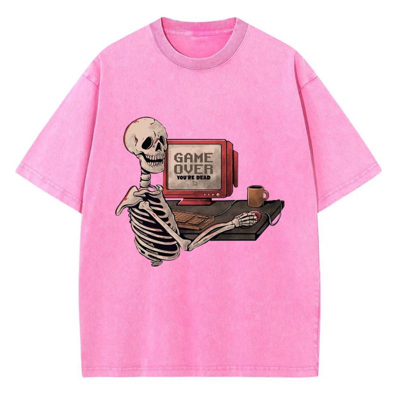 Y2K Casual Street Style Couple T-shirt Skull Print To Make Old Imitation Denim Short-Sleeved Round Neck Single