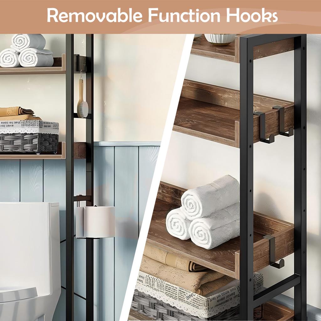 4-Tier Over-The-Toilet Storage Rack Freestanding Bathroom Organizer Freestanding Space Saver Toilet Stand with 4 Hooks