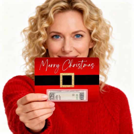 Vánoční obálka na peníze s motivem Santa Clausova pásku, sváteční přání s designem červené šerpy, sezónní přání k svátkům na dárky a peněžní dárek