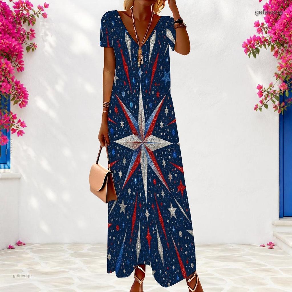 Women Plus Size V Neck Short Sleeve White Printed Maxi Dress