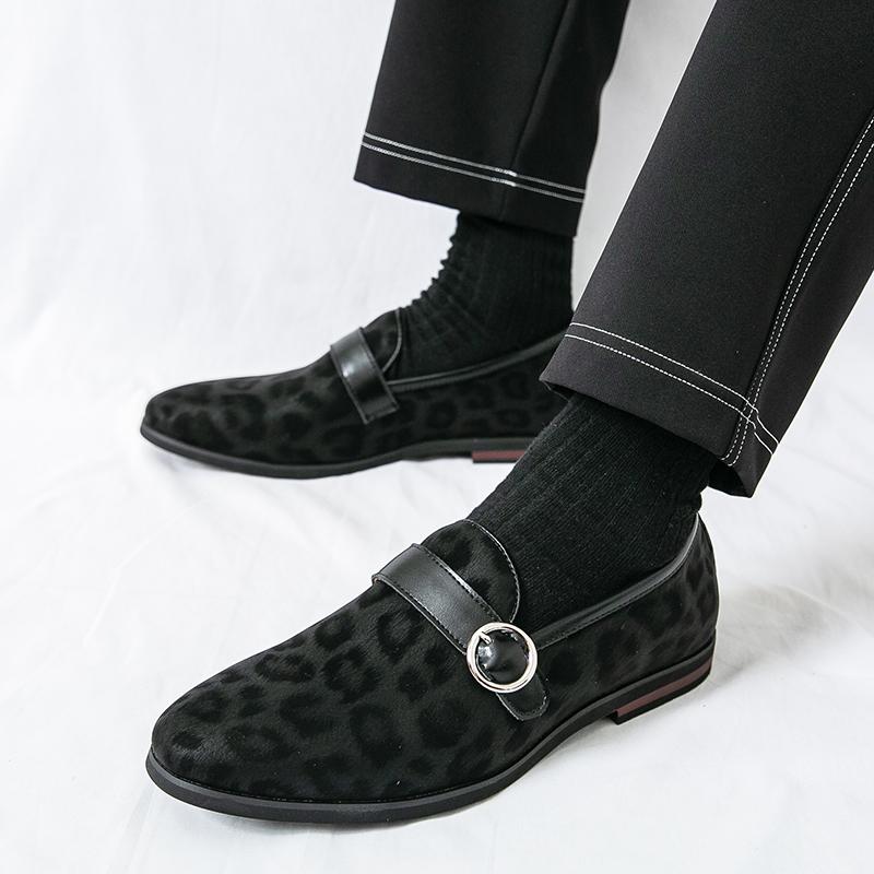 Luxury New Designer Men's Pointed Leopard Pattern Wedding Leather Shoes Male Casual Monk Strap Loafers Formal Dress Footwear