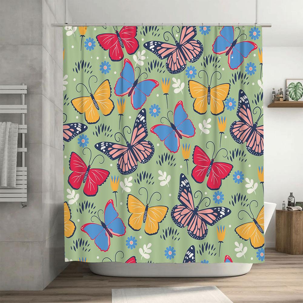 Butterfly Print Shower Curtain Waterproof Fabric Bathroom Decorations in Multiple Sizes Flower Garden Design
