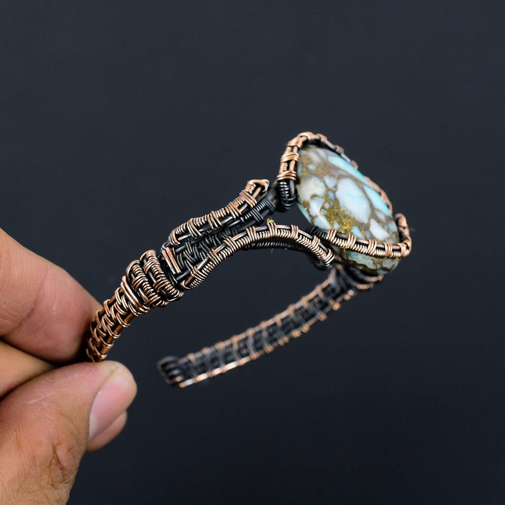 Pietră prețioasă Larimar de cupru uimitoare Bijuterii lucrate manual cu înfășurare din sârmă de cupru Manșetă ajustabilă Pentru dragoste