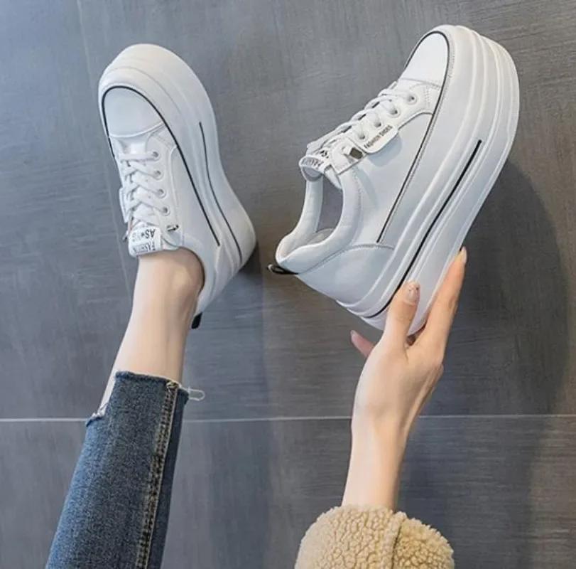 Fashion 8.5cm Genuine Leather Women Autumn Hidden Heels Ladies Chunky Sneakers Thick Soled Spring Platform Wedge Summer Fashion Shoes