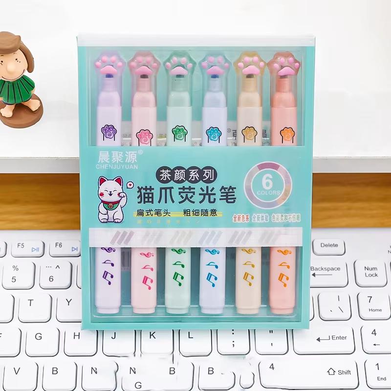 1box/6pcs Kawaii Cat Claw Fluorescent Marker Pen Student INS Style Cute Soft Head Art Graffiti Pen School Children's Supplies