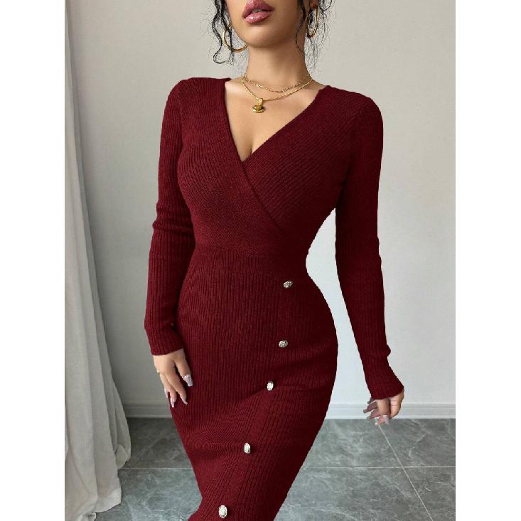 Dámský pletený zavinovací svetr s vysokým pasem, bodycon základní vrstva, spodní prádlo, středně dlouhý, s výstřihem do V, dlouhý rukáv, polyester, podzim zima