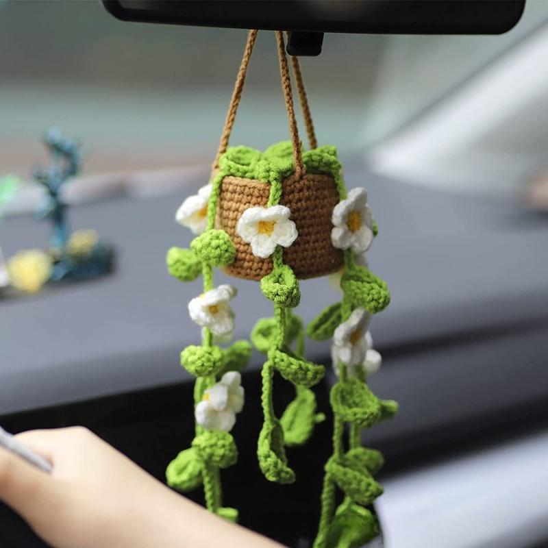 For Car Pendant Handmade Knitted Weaving Hanging Basket Flower Rearview Mirror Decoration Car Creative Pendant