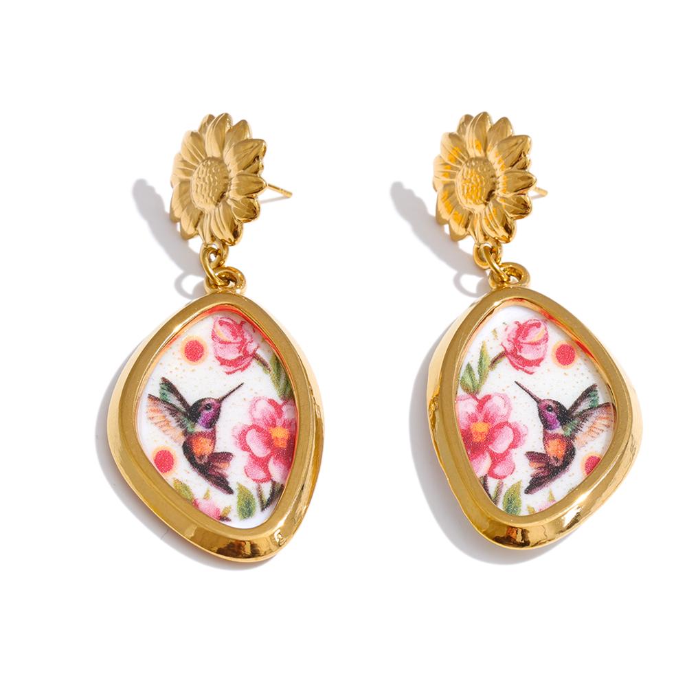 Yhpup 11g Spring Summer Stainless Steel Acrylic Printed Flower Bird Big Drop Earrings Exclusive New Arrival Popular Jewelry