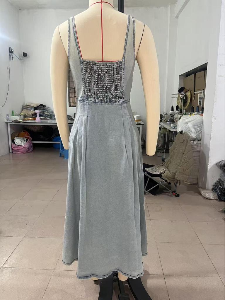 2026 Summer Women's Blue Denim Strappy Single-breasted Mid-length Dress