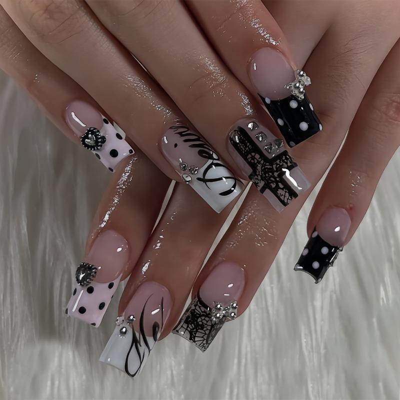 24PCS Y2k Dark Medium Square False Nails Black Lace Cross French Polka Dot Press on Nails 3D Metallic Silver Bow Heart Nail Tips
