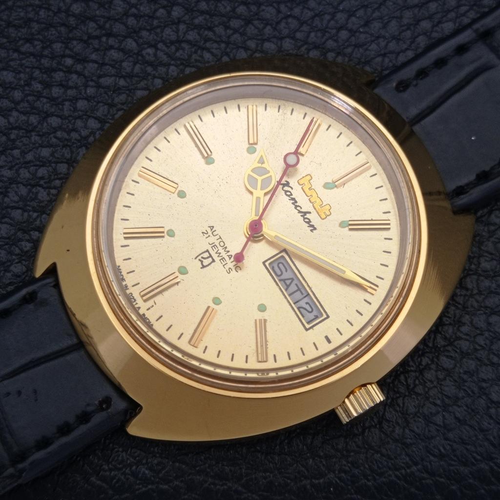VINTAGE HMT KANCHAN 6501 AUTOMATIC INDIAN MENS GOLDEN COLOR DIAL WATCH A441013-4 HT-a441013