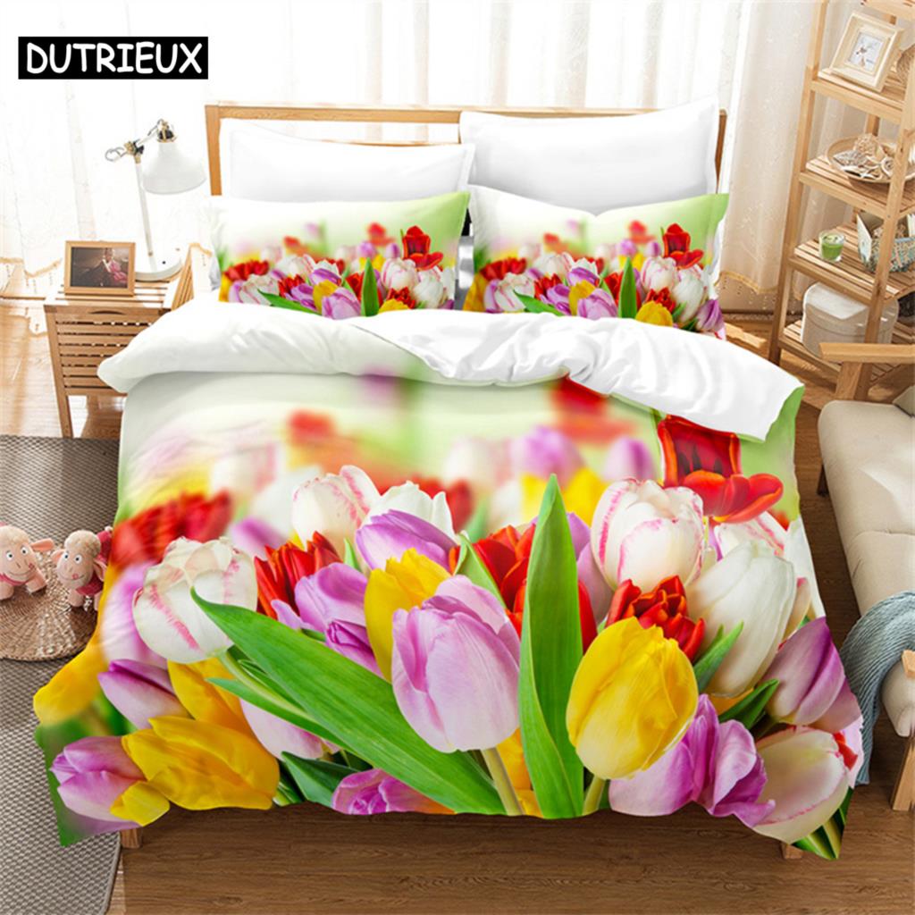 Set de lenjerie de pat Queen cu peisaj de lalele Husă de plapumă Set de pat pentru dormitorul copiilor Set husă de plapumă Mărime King Set husă de plapumă Seturi de lenjerie de pat