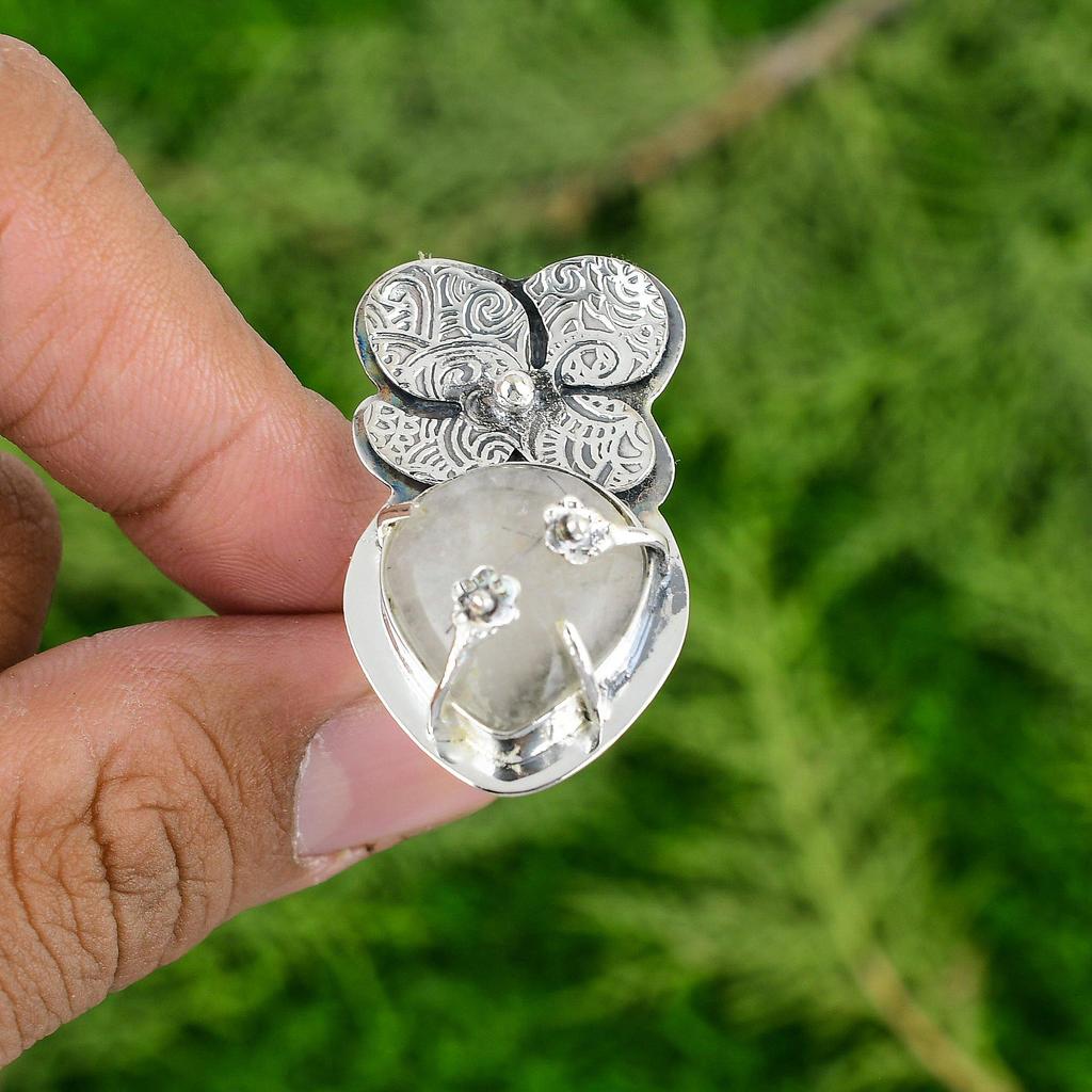 Sterling Silver Pear Black Rutilated Quartz Gemstone Flower Promise Ring Jewelry