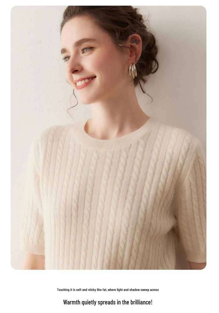 Lekasha Women's Pure Cashmere Loose Short Sleeve Cable Knit Pullover