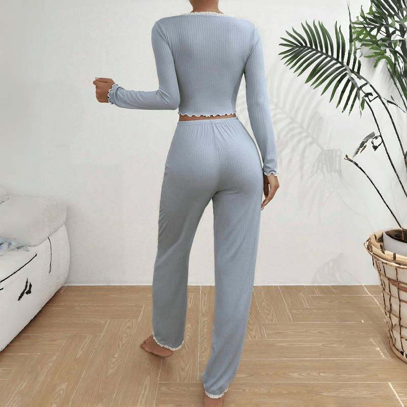 Women's Pajamas Homewear Set Under Sexy Lingerie Pajamas Long-Sleeved Trousers Slim Sexy Lace Double-Length Pajamas Homewear