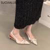 Fashion SUOJIALUN New Brand Women Sandal Shoes Fashion Pointed Toe Bow-Knot Shallow Slip On Slingback Shoes Thin Low Heel Dress Pumps
