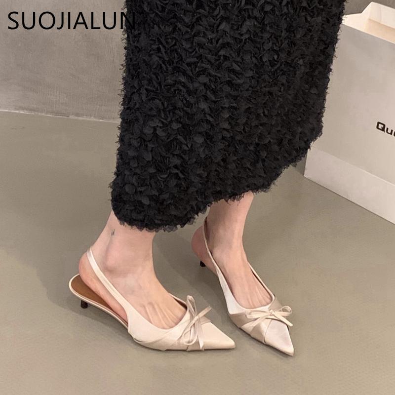 Fashion SUOJIALUN New Brand Women Sandal Shoes Fashion Pointed Toe Bow-Knot Shallow Slip On Slingback Shoes Thin Low Heel Dress Pumps