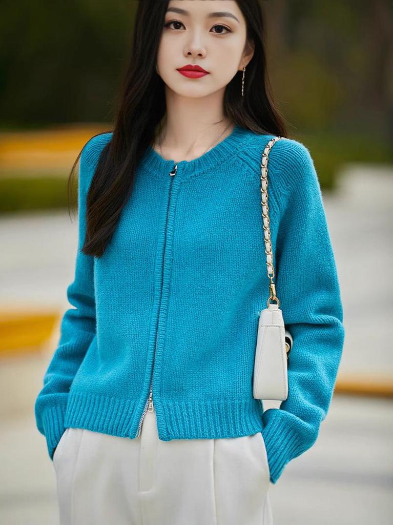 Spring/Autumn Women's Round Neck Double Zipper Wool Cardigan - Loose, Fashionable Outerwear