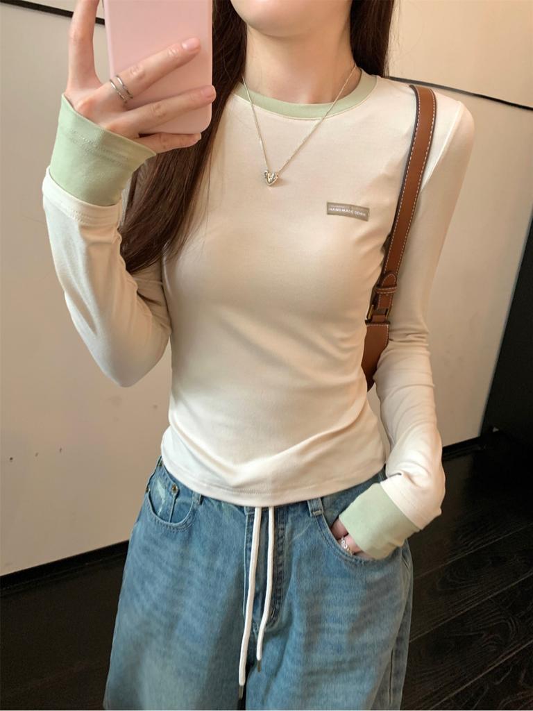 Apricot Chic Fake Two-piece Bottoming Shirt Women's Spring Slim and Thin Contrasting Color Splicing Long-sleeved T-shirt Top
