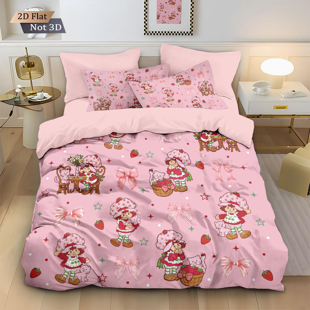 Strawberry Girl Bedding Set for Adult Kids,Cute red strawberry doll Duvet Cover Set with Pillowcases 50x75cm Multiple sizes