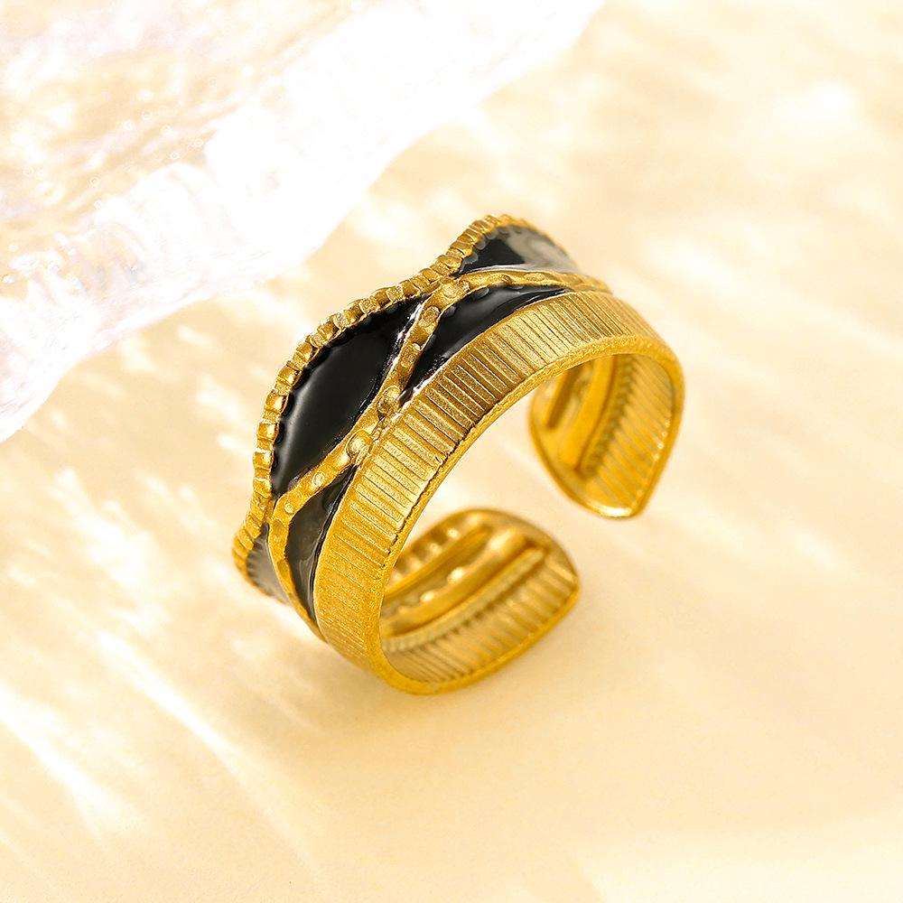 18K Gold Plated Geometric Enamel Open Ring for Women - European and American Style Irregular Stainless Steel Design.