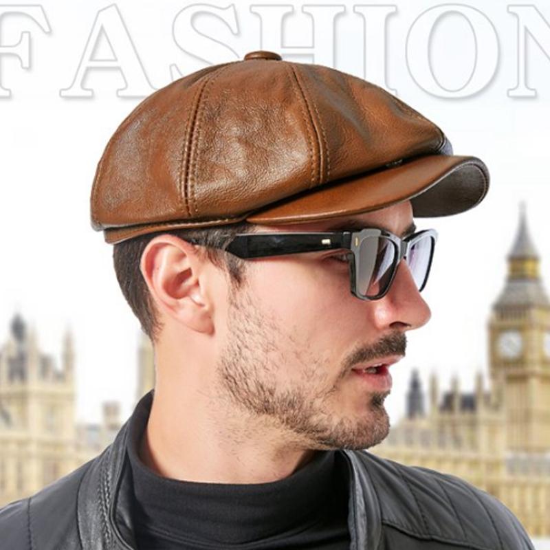 Klassische Retro-Leder-Baskenmütze für Herren, Hochwertige Achteckkappe, Stilvolle Studentenmütze für die Wintermode