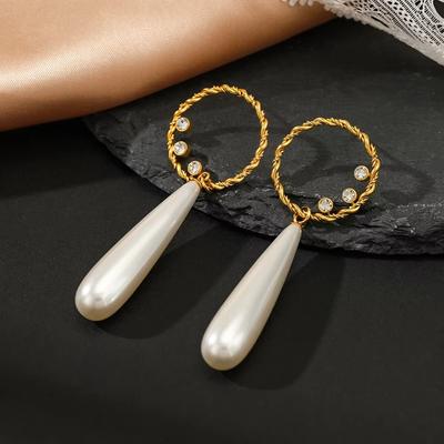 Elegant Fashion Pearl Pendant Earrings Dainty Gold Plated Stainless Steel Twisted Ring Stud Earrings  For Daily Wearing