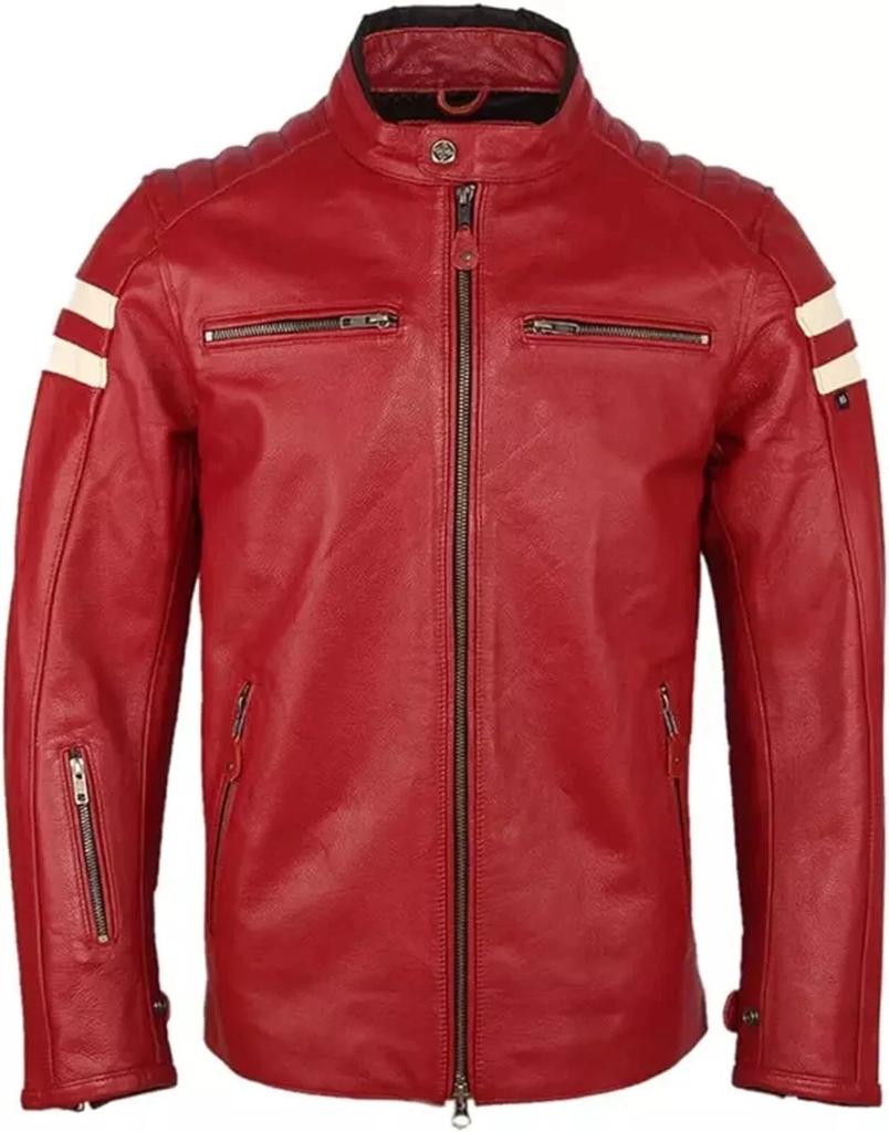 Pánská bunda Červená jehněčí kůže Biker Motocyklová Bílý pruh Stylová Pravá kůže Ručně šitá