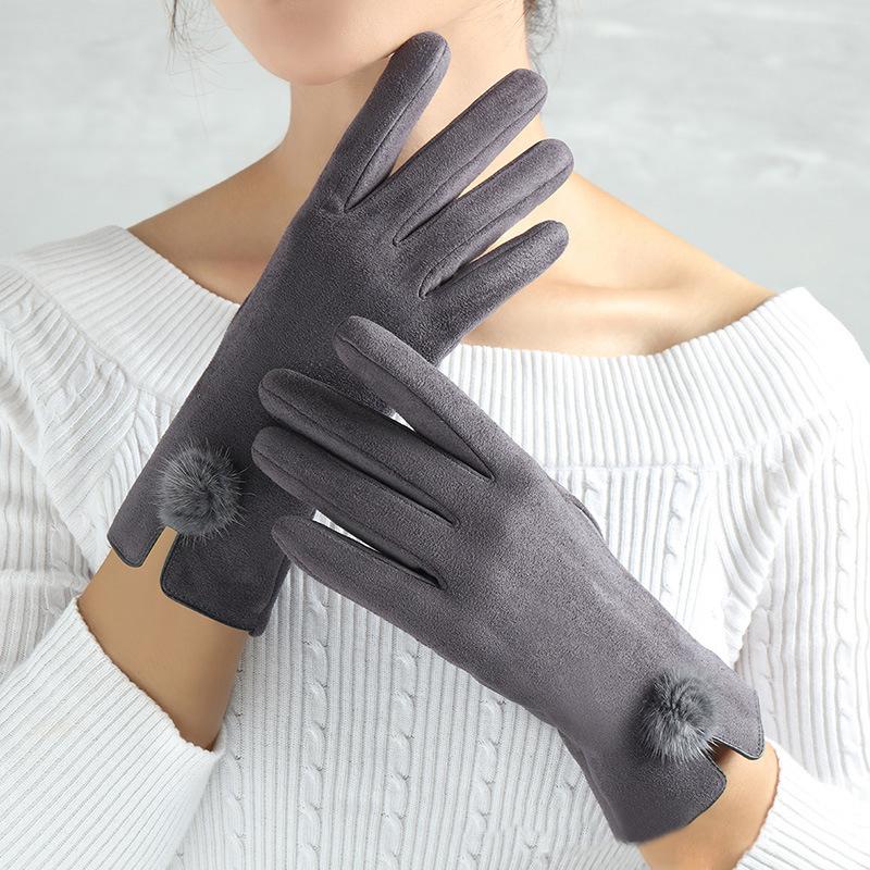 

Women Winter Keep Warm Touch ScreenPlus Velvet Inside Thicken Hairball Cute Lovely Cycling Drive Windproof Suede Fashion Gloves One Size