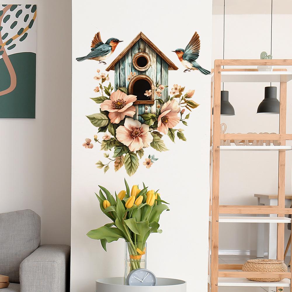 Painted Flowers Bird Birdcage Bedroom Living Room Entrance Home Beautification Decoration Wall Stickers