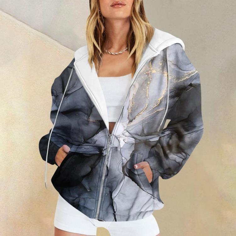 Damen Lässig Langarm Bedruckte Kapuzenpullover Sweatshirts Reißverschluss Pullover Textur Mantel Mode