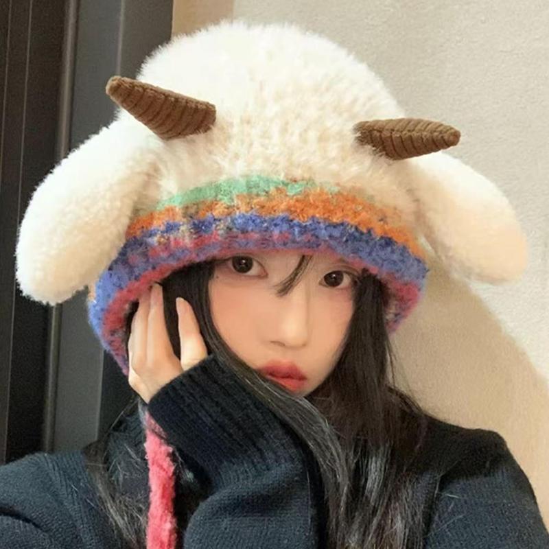Cute Thicken Plush Knitted Hat Women's Hat Winter Warm Windproof Ear Protection Beanies Hat Women Comfortable Horn Pullover Hats