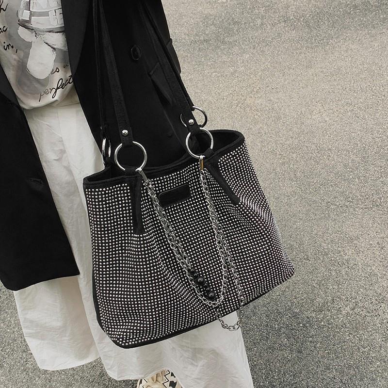 Women'S Fashion Luxury Design Shopper Totes Large-Capacity Pu Leather Rhinestones Shoulder Handbag Female Brand Top Handle Bags Quality