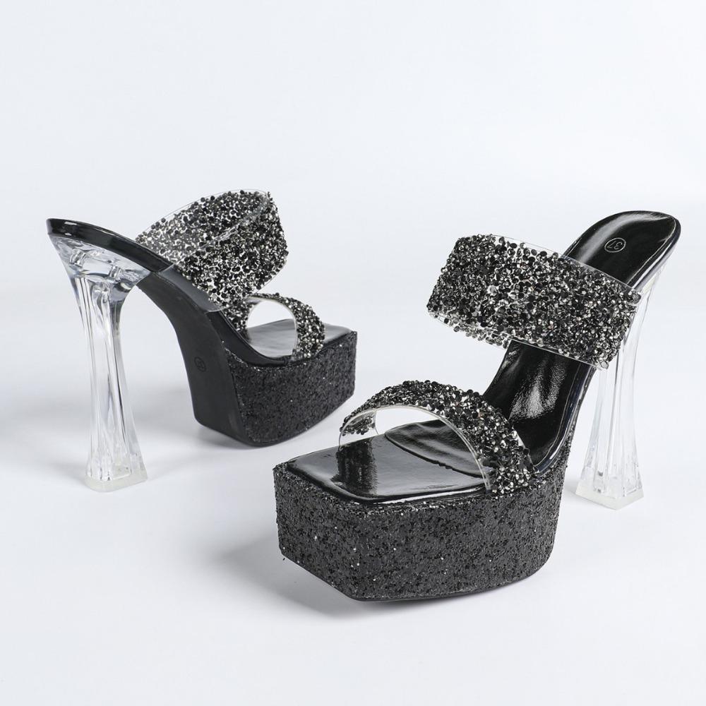 2025 Europe and America 15cm high-heeled sandals luxury crystal sequins sexy hollow cool slippers high heels LFD-3640-A2