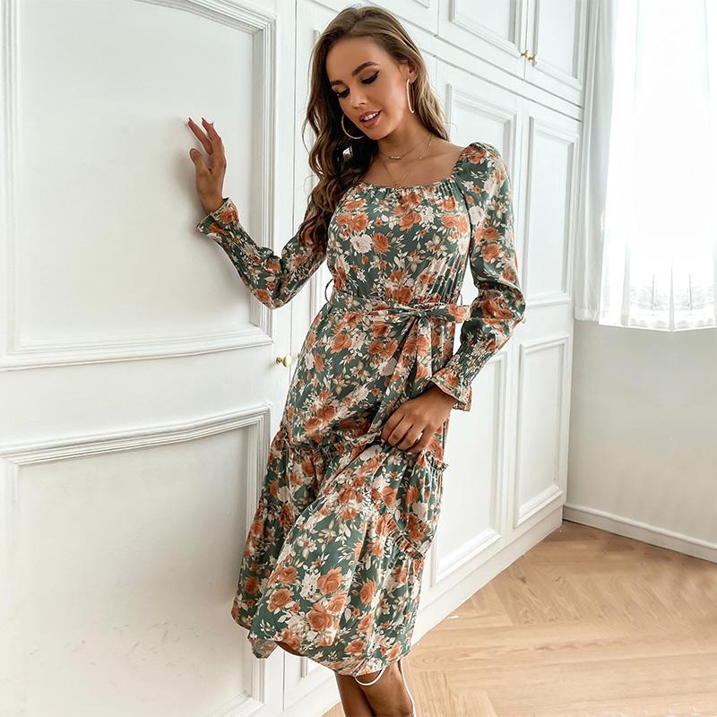 YYFS Women's Vintage Floral Print Long Sleeve Square Collar Casual Dresses