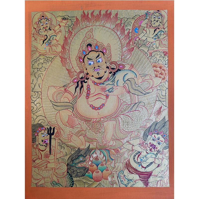 Hand-Painted Nepalese Buddha Thangka: Manjushri, Yellow Jambhala, Thousand-Armed Avalokiteshvara, Mahakala, Zhakilaamu Wall Hanging