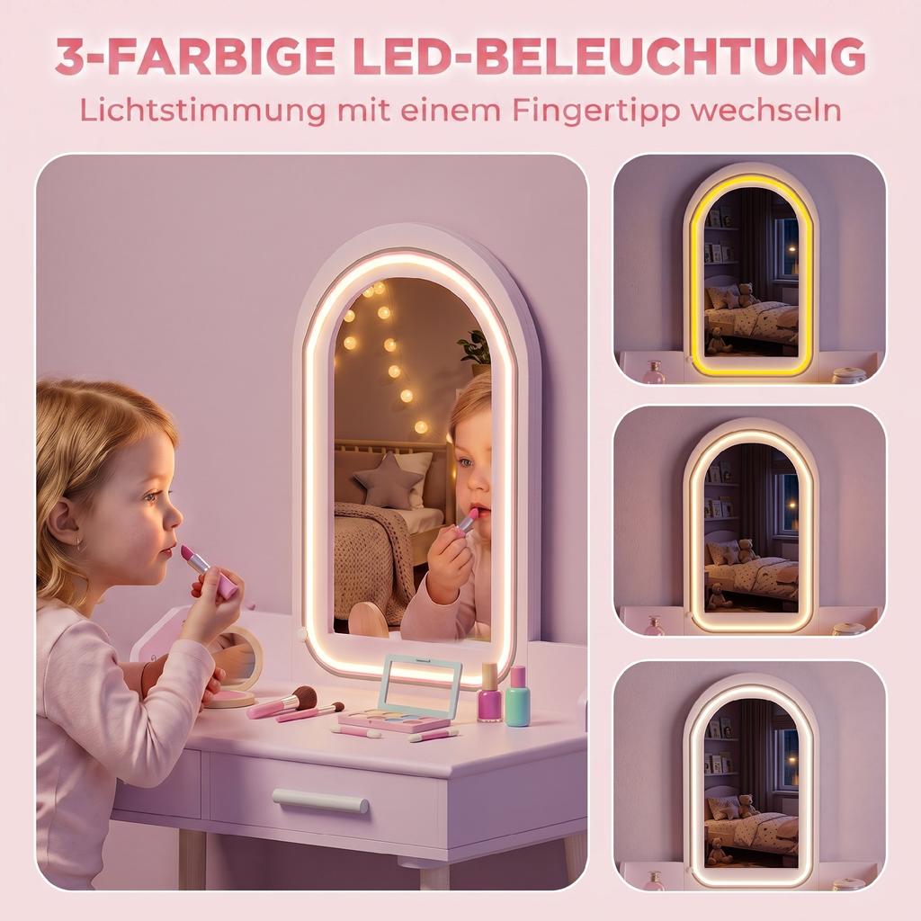 Kids Vanity Table Set 2 in 1 with LED Mirror for Girls Pink