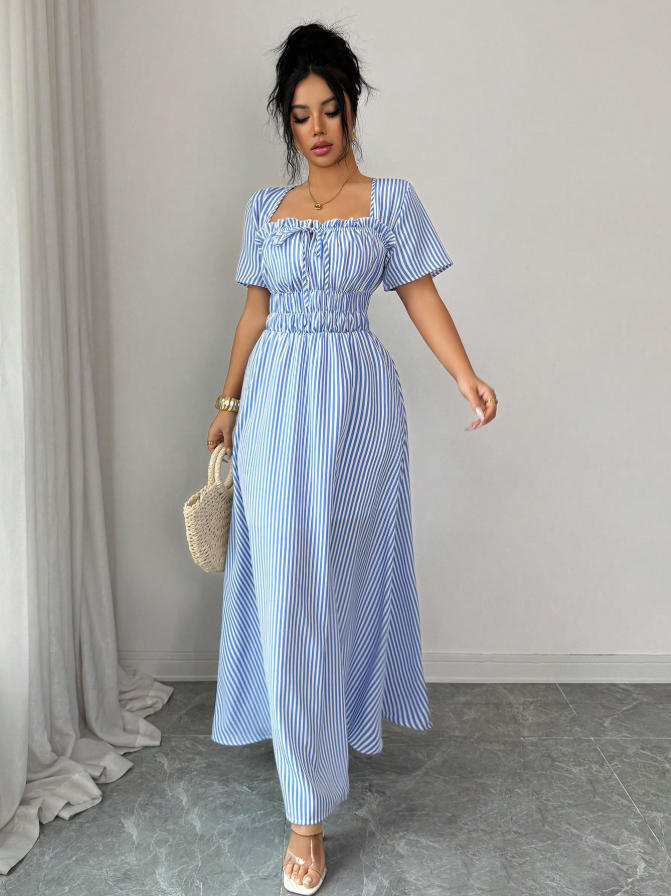 2026 European and American women s clothing new spring and summer square collar ruffle edge striped pleated dress S