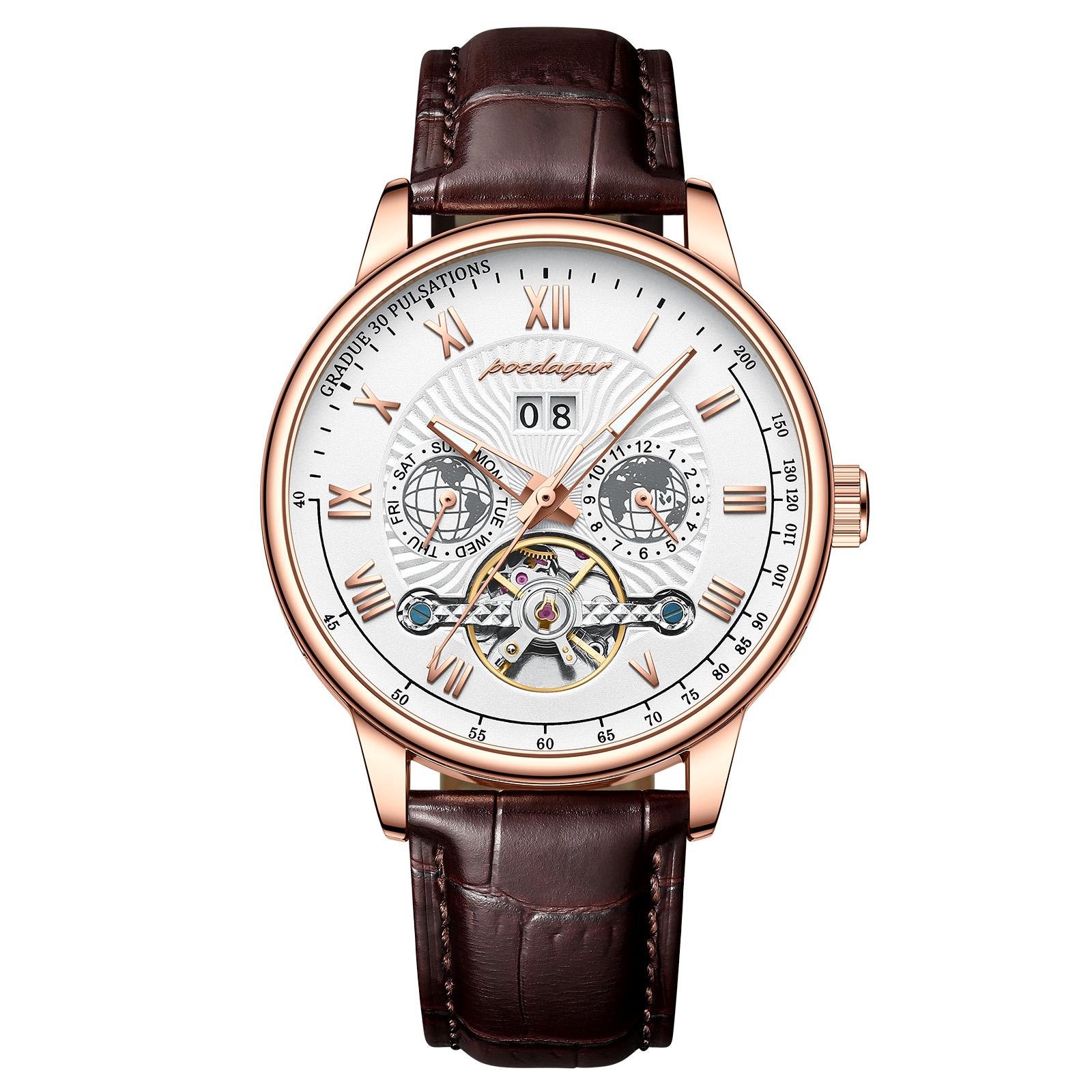 

POEDAGAR Automatique Mechanical Hollow Watch Luxury Waterproof Date&Week Leather Fashion Men s Watch Business Male Clock Leisure розового золота/белый