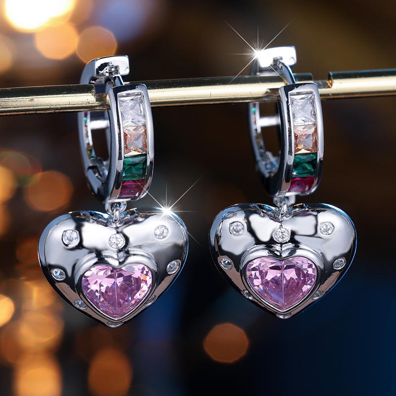 Cute Pink Zircon Heart Drop Earrings for Women Silver Color Wedding Fine Jewelry Gift