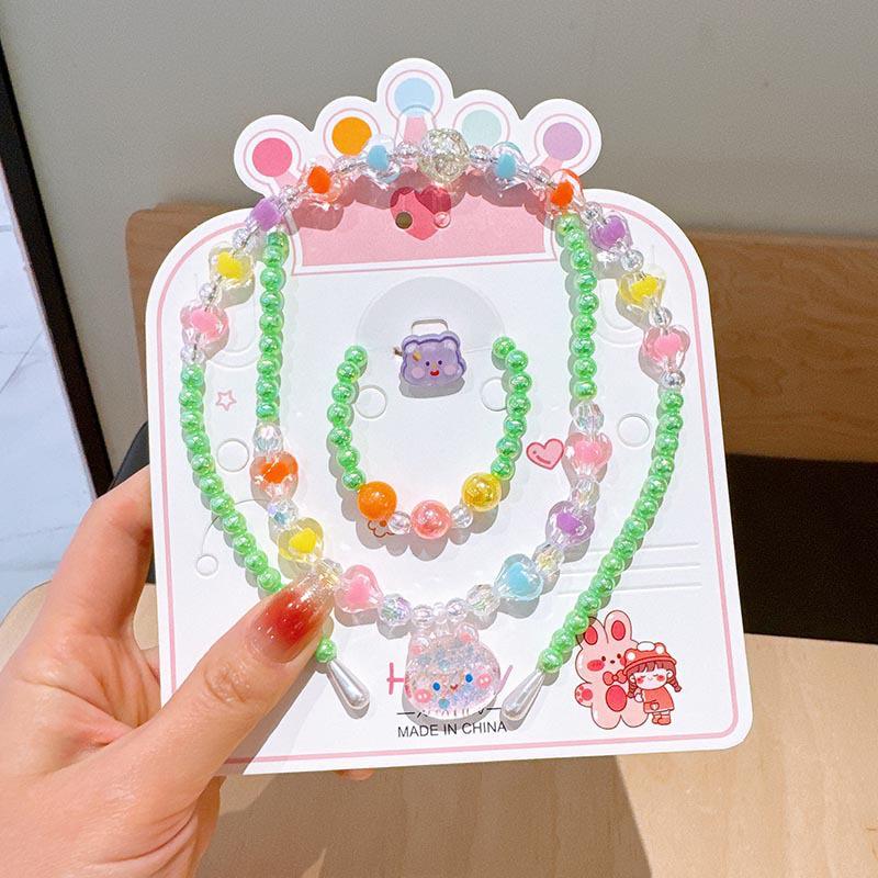 Colorful Pearl Necklace and Jewelry Set: Beaded Bracelet, Cartoon Headband, Earrings - Princess Accessories for Girls